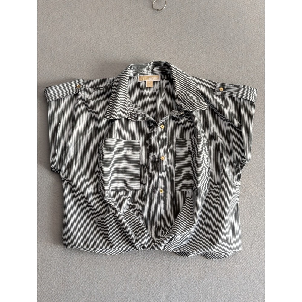 Michael Kors Striped Short Sleeve Button Down Top Navy White Gold Hardware M